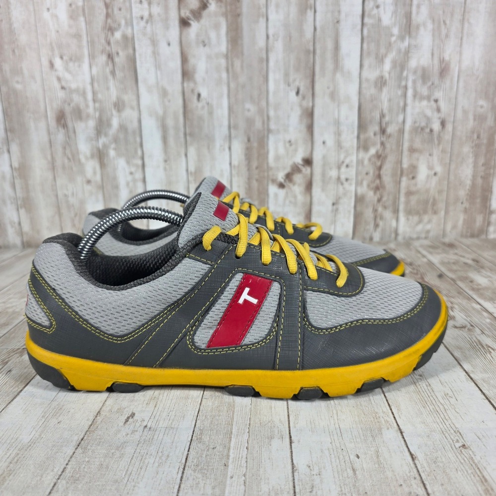 Men's Gray Yellow Red 'T'‎ Logo Athletic Shoes Size 9.5